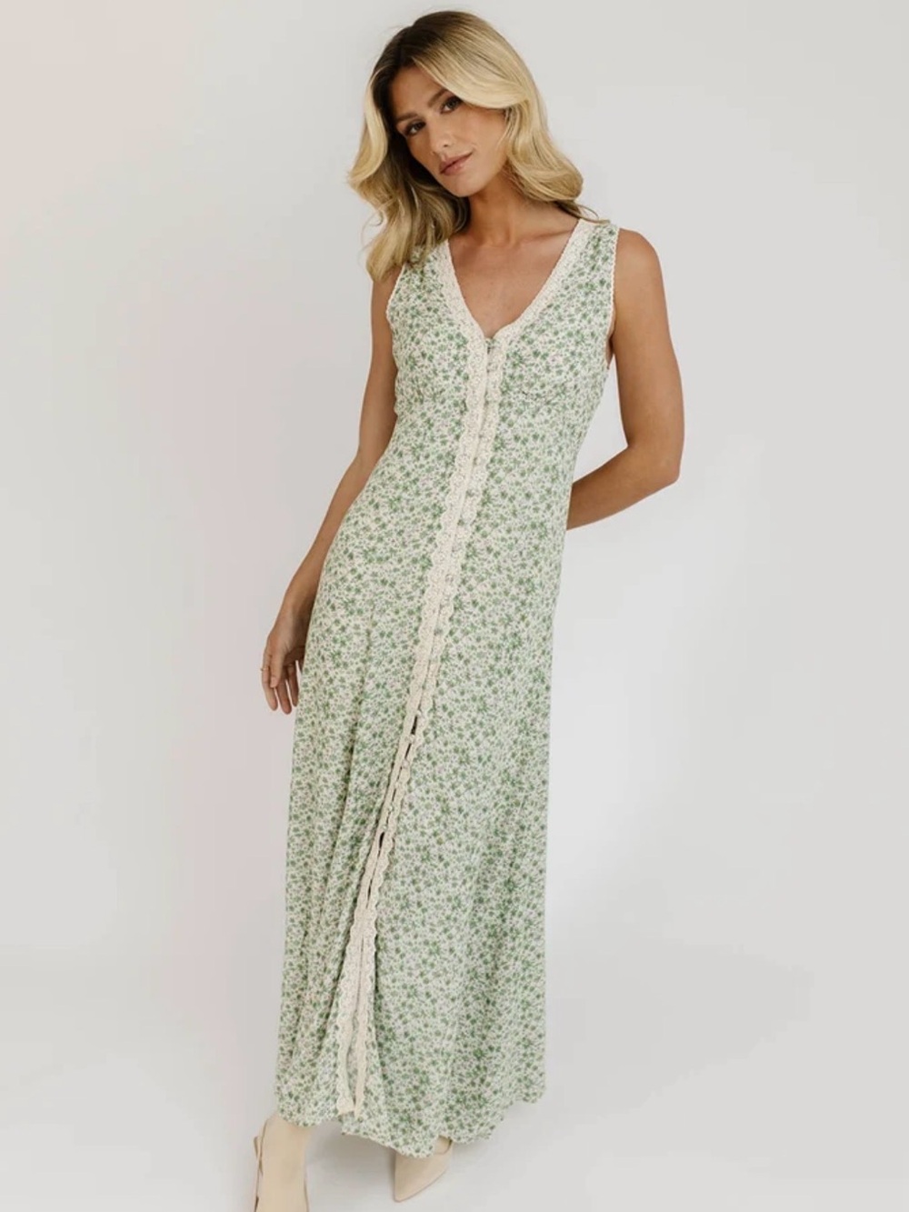 Sleeveless Green Floral Maxi Dress with Lace Trim - HONEY FLORAL MAXI DRESS ZOCO